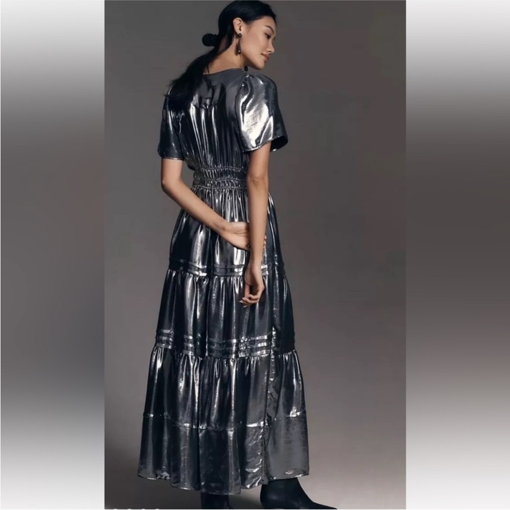 NWT Anthropologie Somerset Metallic Silver Maxi Dress Size Small